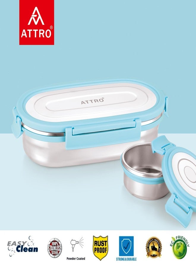 Attro Oval Stainless Steel Lunch Box with 1 Small Box Compact Design Airtight Leak Proof Lunch Box for Office, School, Picnic-650Ml+100Ml Blue - Image 3